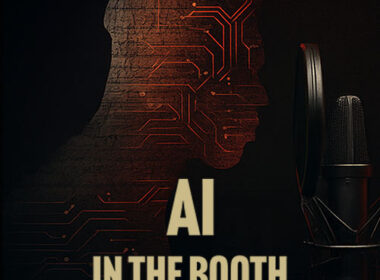 A bold Hip-Hop themed graphic with a dark, moody background. On the left, handwritten rap lyrics on paper and a microphone represent traditional craft. On the right, glowing red circuit patterns symbolize artificial intelligence. Centered text reads: ‘AI IN THE BOOTH: WHERE CRAFT ENDS AND CO-WRITING BEGINS.’ SpitFireHipHop.com branding appears below.