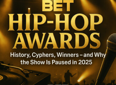 Promotional graphic for the BET Hip-Hop Awards featuring bold gold title text, a DJ turntable, microphone, stage lights, and crowd silhouettes with the tagline “History, Cyphers, Winners – and Why the Show Is Paused in 2025.”