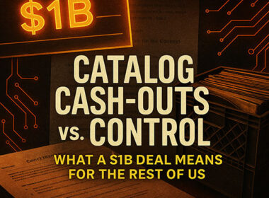 Music catalog graphic split between a $1B check and vinyl records, with bold title: ‘Catalog Cash-Outs vs. Control.