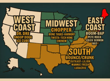 U.S. map of hip-hop regional sounds: East Coast Boom-Bap, West Coast G-Funk, Southern Bounce/Crunk, Midwest Chopper