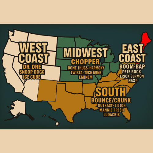 U.S. map of hip-hop regional sounds: East Coast Boom-Bap, West Coast G-Funk, Southern Bounce/Crunk, Midwest Chopper