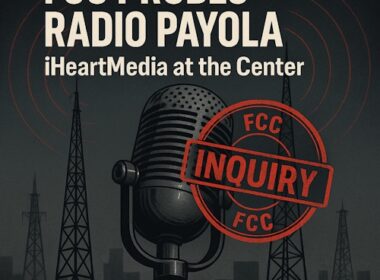 Cover art featuring a vintage microphone with an FCC “Inquiry” stamp, radio towers in the background, and the headline “FCC Probes Radio Payola – iHeartMedia at the Center.”