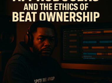 Realistic editorial photo of a Hip-Hop producer wearing a hoodie with 'SpitFireHipHop' lettering, sitting at a music workstation with glowing screens, highlighting AI beat production ethics.