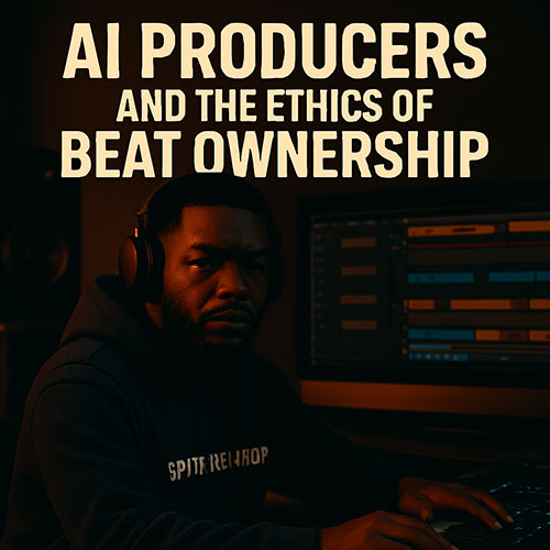 Realistic editorial photo of a Hip-Hop producer wearing a hoodie with 'SpitFireHipHop' lettering, sitting at a music workstation with glowing screens, highlighting AI beat production ethics.