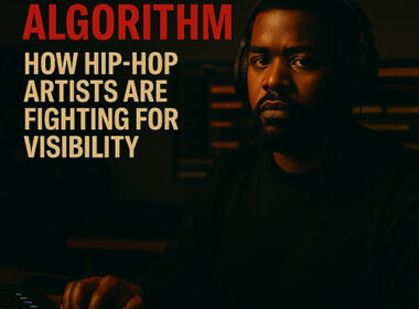 A photorealistic image of a focused Hip-Hop artist in a dim studio surrounded by floating digital icons and code overlays, symbolizing algorithm battles.