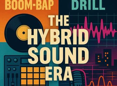 Illustrator-style Hip-Hop graphic with split design: old-school boom-bap vinyl and MPC on one side, neon drill waveforms on the other, with bold text ‘The Hybrid Sound Era.