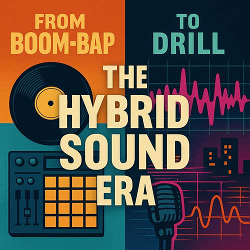 Illustrator-style Hip-Hop graphic with split design: old-school boom-bap vinyl and MPC on one side, neon drill waveforms on the other, with bold text ‘The Hybrid Sound Era.’