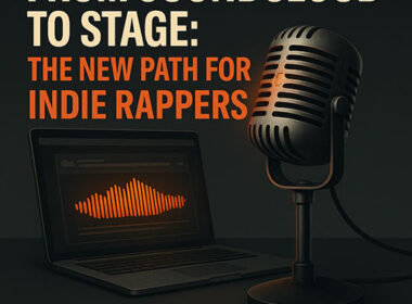Realistic editorial graphic showing a glowing stage microphone connected to a laptop displaying a SoundCloud waveform on a dark background with SpitFireHipHop.com branding.