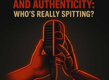 Editorial-style Hip-Hop artwork showing a microphone split between a human hand and a robotic hand, glowing red on a dark grey background with SpitFireHipHop.com branding.
