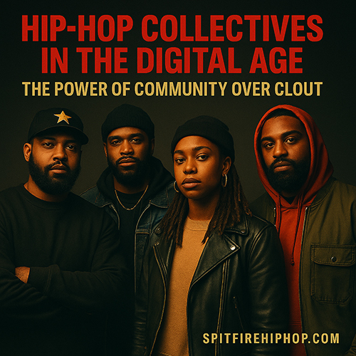 Photo image of diverse Hip-Hop artists collaborating in a recording studio with red and gold lighting, dark grey background, and SpitFireHipHop.com branding.