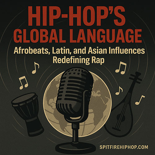 Editorial-style Hip-Hop artwork showing a globe behind a microphone with text ‘Hip-Hop’s Global Language: Afrobeats, Latin, and Asian Influences Redefining Rap,’ rendered in muted tones with red accents and SpitFireHipHop.com branding.