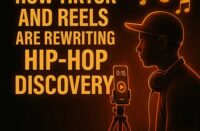 Hip-Hop themed graphic with bold text reading ‘How TikTok and Reels Are Rewriting Hip-Hop Discovery,’ featuring vibrant colors and digital music visuals.