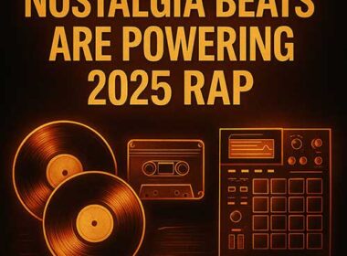 Hip-Hop graphic with bold text ‘Nostalgia Beats Are Powering 2025 Rap,’ showing vinyl records, cassette tapes, and boom-bap drums in a modern design.
