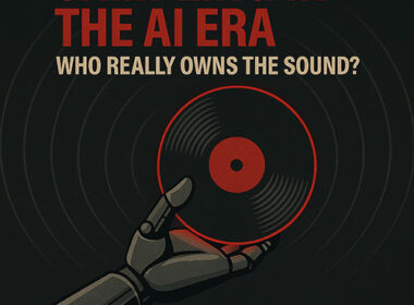Editorial-style Hip-Hop graphic showing a robotic hand holding a vinyl record against a grey background, symbolizing AI’s role in sampling and music ownership