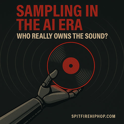 Editorial-style Hip-Hop graphic showing a robotic hand holding a vinyl record against a grey background, symbolizing AI’s role in sampling and music ownership
