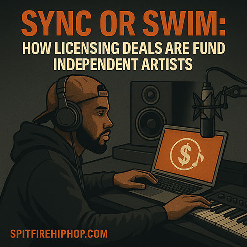 Realistic editorial graphic showing a music producer at a studio desk surrounded by glowing film reels, dollar signs, and streaming icons symbolizing sync licensing opportunities with SpitFireHipHop.com branding.