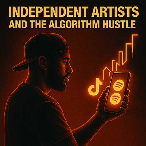 Hip-Hop graphic with bold text reading ‘Independent Artists and the Algorithm Hustle,’ showing a rapper holding a glowing phone with TikTok and Spotify icons rising upward.