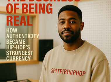 A confident Hip-Hop artist in a bright modern recording studio, symbolizing authenticity and creativity in Hip-Hop culture. Overlaid text reads, “The Business of Being Real: How Authenticity Became Hip-Hop’s Strongest Currency.”