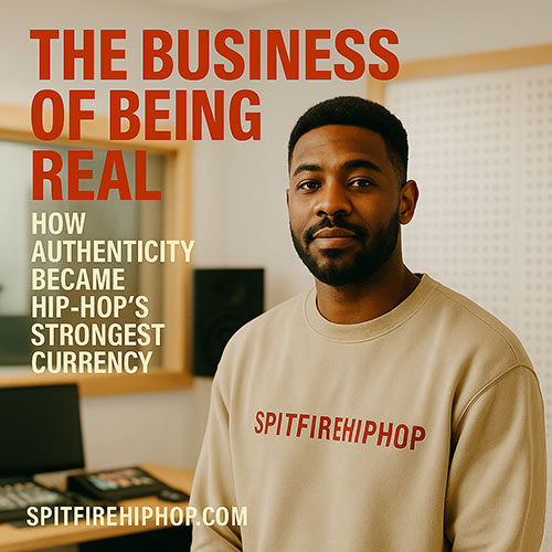 A confident Hip-Hop artist in a bright modern recording studio, symbolizing authenticity and creativity in Hip-Hop culture. Overlaid text reads, “The Business of Being Real: How Authenticity Became Hip-Hop’s Strongest Currency.”