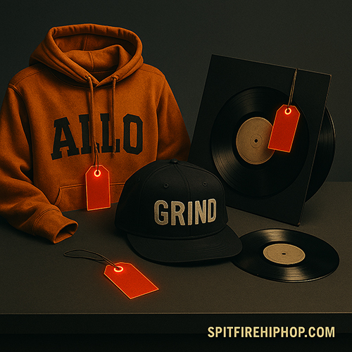Editorial-style Hip-Hop artwork showing a display of streetwear items—hoodies, snapbacks, and vinyl records—with glowing red price tags on a dark grey background and SpitFireHipHop.com branding.