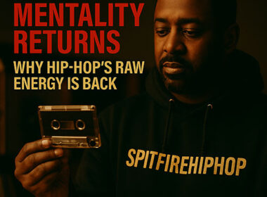 A photorealistic image of a Hip-Hop artist in a dimly lit studio wearing a hoodie with “SpitFireHipHop” printed on it, surrounded by cassette tapes, vinyl records, and a microphone, symbolizing the return of mixtape culture.