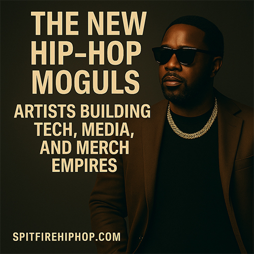 Photorealistic image of a confident Hip-Hop entrepreneur wearing sunglasses and a dark jacket, standing against a clean background with bold text reading “The New Hip-Hop Moguls: Artists Building Tech, Media, and Merch Empires.