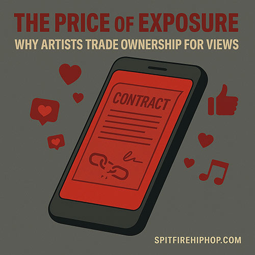 Hip-Hop editorial-style image of a glowing phone screen with a record contract overlay, symbolizing artists trading ownership for exposure.