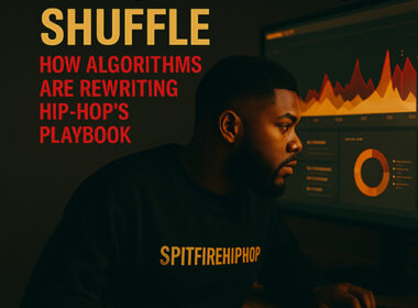 Photorealistic image of a Hip-Hop artist in a studio looking at streaming analytics on a screen with red and gold lighting and SpitFireHipHop.com branding