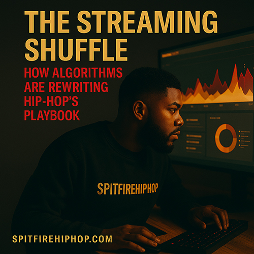 Photorealistic image of a Hip-Hop artist in a studio looking at streaming analytics on a screen with red and gold lighting and SpitFireHipHop.com branding