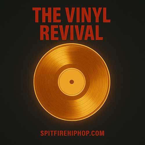Editorial-style Hip-Hop artwork showing a glowing gold vinyl record on a dark grey background with red accents and SpitFireHipHop.com branding.
