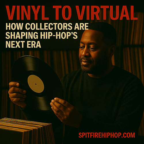 Photorealistic image of a man holding a vinyl record in a dimly lit room, surrounded by record shelves, with SpitFireHipHop.com branding.