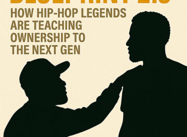 Conceptual image showing two silhouetted Hip-Hop figures — one older, one younger — in a studio with warm lighting between them, symbolizing mentorship and generational knowledge. Text reads: “Blueprint 2.5: How Hip-Hop Legends Are Teaching Ownership to the Next Gen.”