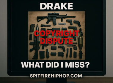 Hip-Hop themed photorealistic image of a digital screen displaying disputed artwork, symbolizing copyright tension between Drake and photographer Gabriele Galimberti — SpitFireHipHop.com branding included.