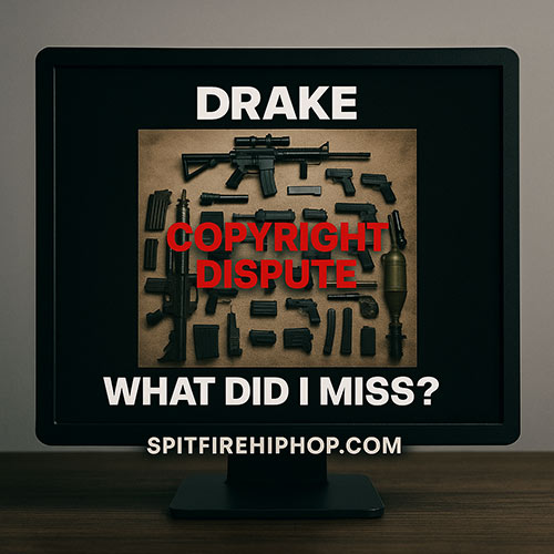 Hip-Hop themed photorealistic image of a digital screen displaying disputed artwork, symbolizing copyright tension between Drake and photographer Gabriele Galimberti — SpitFireHipHop.com branding included.