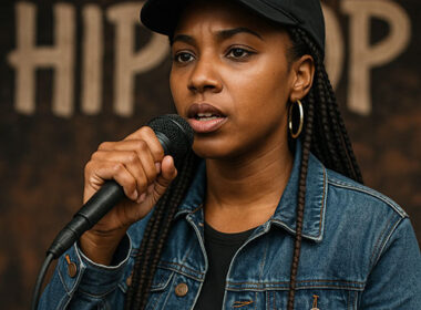 Female Hip-Hop artist with braids holds a mic in front of a graffiti “HIP-HOP” wall, wearing a denim jacket and black cap — SpitFireHipHop empowerment theme.