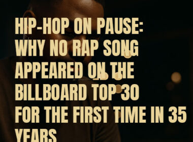 Photorealistic close-up of a serious Black man in dim studio lighting, looking down in thought. Overlaid gold text reads “Hip-Hop on Pause: Why No Rap Song Appeared on the Billboard Top 30 for the First Time in 35 Years.” SPITFIREHIPHOP.com appears at the bottom.