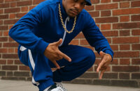 Hip-Hop dancer in urban setting showcasing Puma-style sneakers and gold chain.