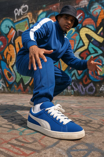 Male B-Boy in royal blue tracksuit wearing classic Puma-inspired sneakers crouching in front of a brick wall.