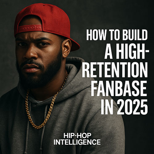 Photorealistic image of a Hip-Hop artist standing in front of a glowing computer screen displaying fan engagement analytics, surrounded by moody studio lighting — visual representation of building a high-retention fanbase in 2025 for SpitFireHipHop.