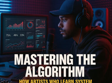 Photorealistic image of a young Hip-Hop artist in a recording studio surrounded by LED screens and analytics charts, symbolizing digital mastery — SpitFireHipHop editorial on mastering the algorithm
