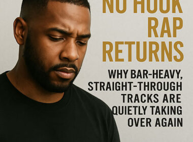 Photorealistic portrait of a serious Black man in a light-toned studio setting, looking down in thought. Bold gold and black text reads “No Hook Rap Returns: Why Bar-Heavy, Straight-Through Tracks Are Quietly Taking Over Again.” A gold footer displays “SpitFireHipHop.com.”