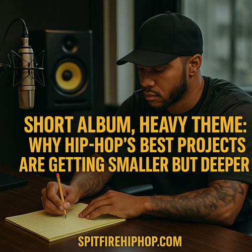 Photorealistic image of a focused young Black Hip-Hop artist writing lyrics on a yellow pad inside a dimly lit recording studio, with speakers and a microphone behind him; bold gold text reads “Short Album, Heavy Theme: Why Hip-Hop’s Best Projects Are Getting Smaller But Deeper,” and SPITFIREHIPHOP.com appears along the bottom.