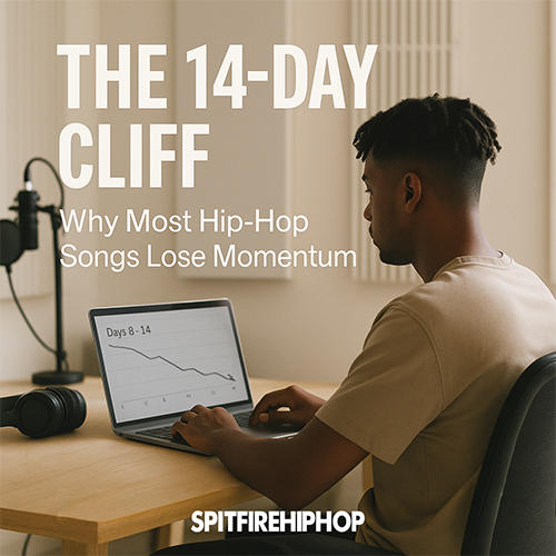 image of a Hip-Hop artist observing declining streaming analytics on a laptop during a quiet studio session, symbolizing the 14-day algorithmic cliff in modern music release cycles — SpitFireHipHop editorial.