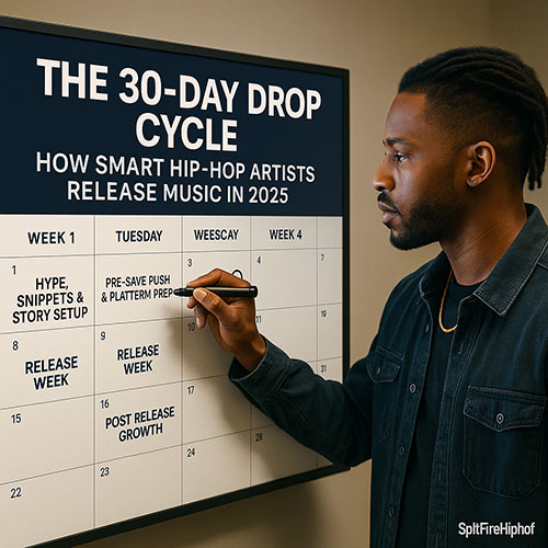 Photorealistic image of a Hip-Hop artist planning a monthly release calendar on a bright digital screen, representing the 30-Day Drop Cycle — SpitFireHipHop editorial.
