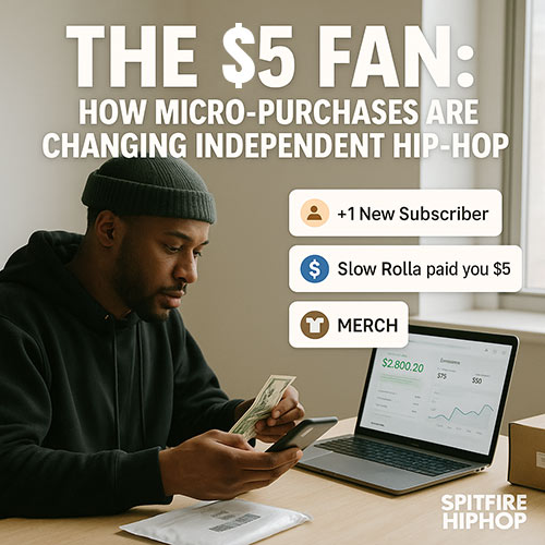 Photorealistic image of an independent Hip-Hop artist counting small fan contributions on a digital dashboard, surrounded by merchandise and subscriber notifications — SpitFireHipHop $5 fan editorial.