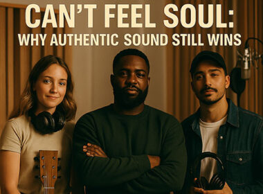 Photorealistic image of a mixed group of Hip-Hop artists collaborating in a bright modern studio with warm lighting and instruments. Text reads: “The Algorithm Can’t Feel Soul: Why Authentic Sound Still Wins.”