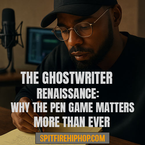 Focused young ghostwriter in a black cap writing on a yellow legal pad in a music studio beside a mic and monitor; bold overlay reads “The Ghostwriter Renaissance: Why Pen Game Matters More Than Ever” — SpitFireHipHop article graphic.