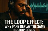 Photorealistic image of a Hip-Hop artist listening intently with headphones while waveforms loop on-screen, representing the concept of replay value in modern streaming — SpitFireHipHop editorial.