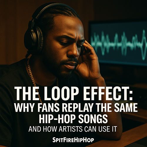 Photorealistic image of a Hip-Hop artist listening intently with headphones while waveforms loop on-screen, representing the concept of replay value in modern streaming — SpitFireHipHop editorial.