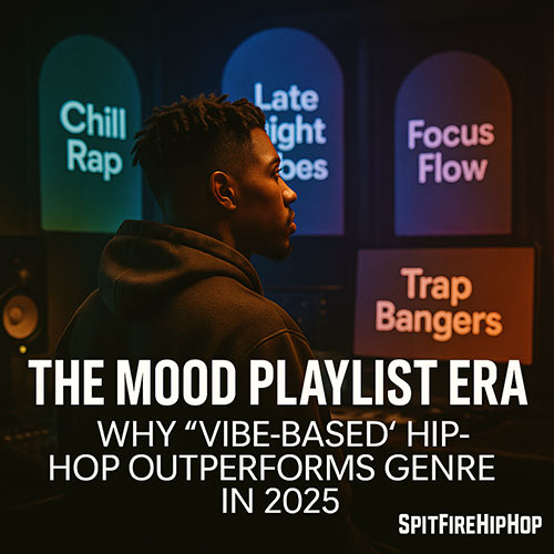 Photorealistic image of a Hip-Hop artist surrounded by colorful mood-themed playlist screens glowing in a dim studio, representing the transition to vibe-based discovery in 2025 — SpitFireHipHop.